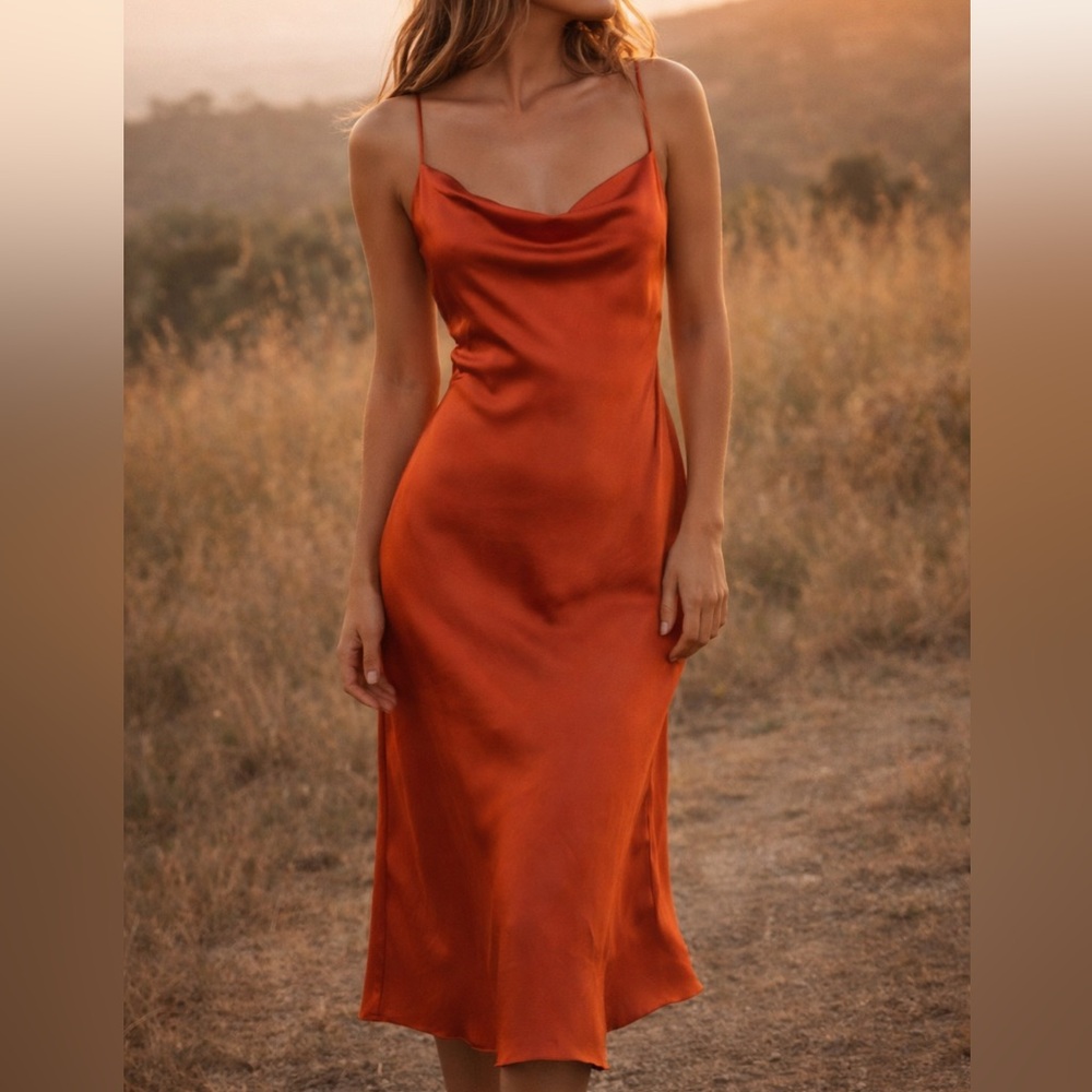 Show Me Your Mumu Silk Look Slip Dress L Orange Satin Cowl Neck Midi StrappyBack